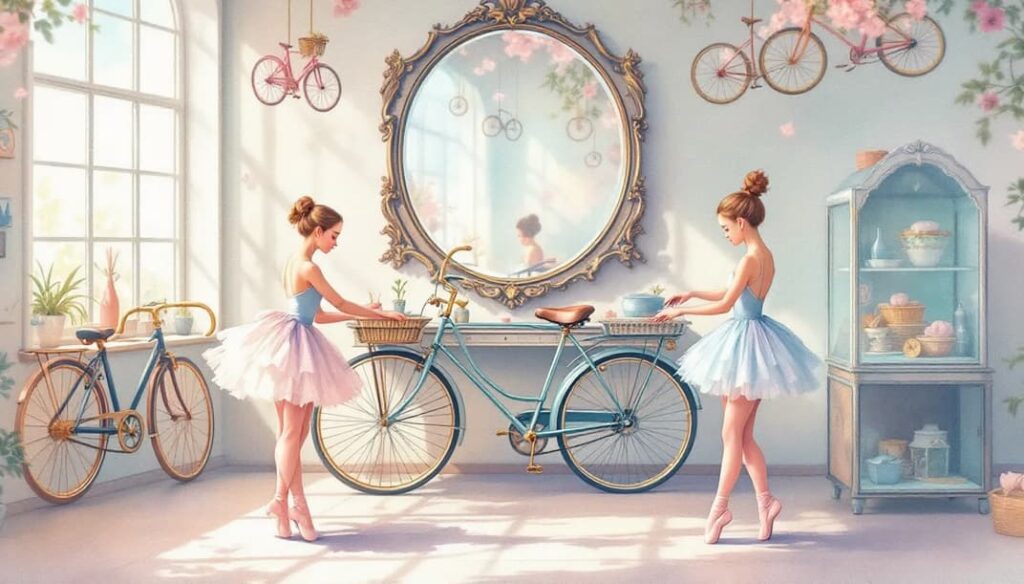 A ballet-themed bicycle workshop showcasing dancers and bicycles.