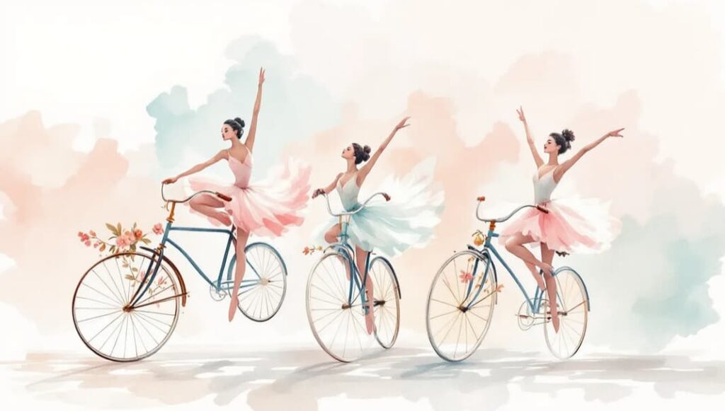 Dancers practicing ballet techniques on bicycles.