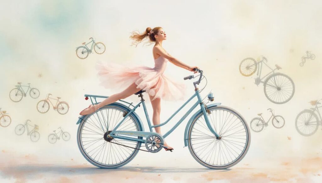 The benefits of combining ballet and biking illustrated with dancers and bikes.